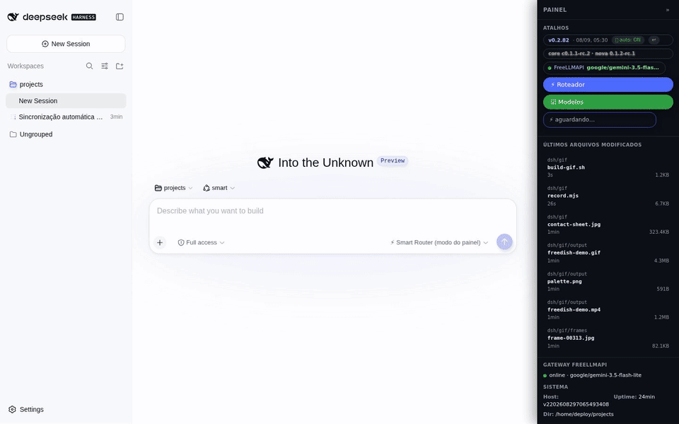 Animação da interface do DeepSeek Harness com o FreeDSH: gateway FreeLLMAPI, roteador inteligente, controles de modelo e atualização segura do núcleo